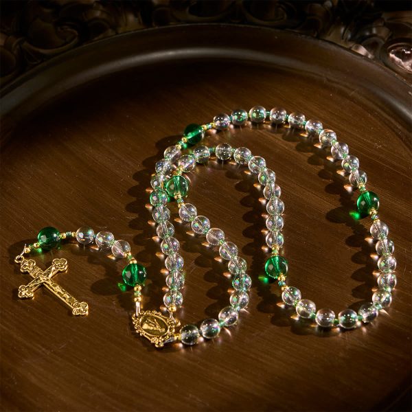 Elegant Clear White and Green Rosary with Our Lady of Guadalupe