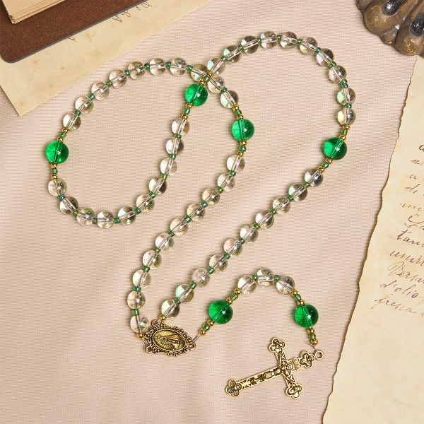Elegant Clear White and Green Rosary with Our Lady of Guadalupe