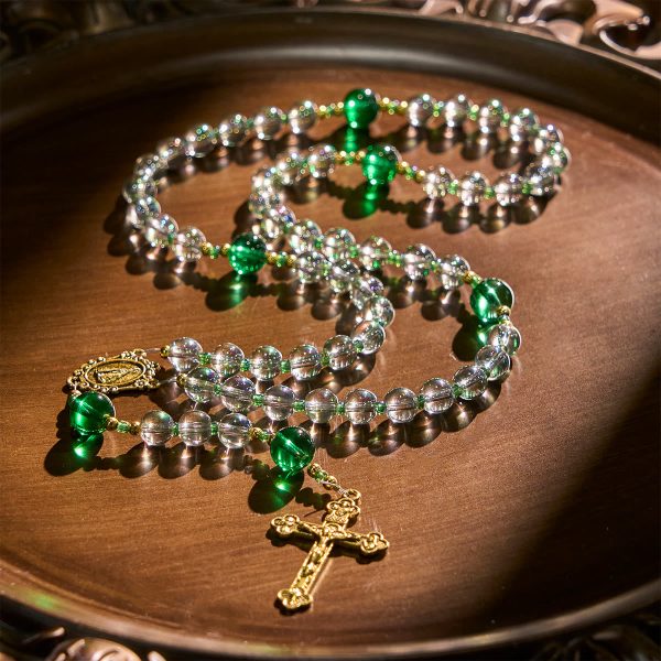 Elegant Clear White and Green Rosary with Our Lady of Guadalupe