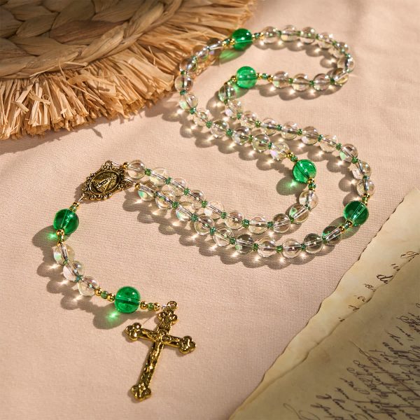 Elegant Clear White and Green Rosary with Our Lady of Guadalupe
