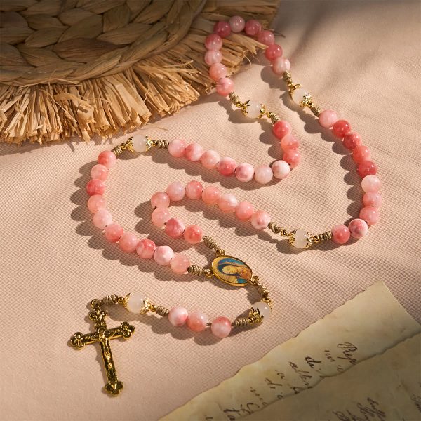 Christianartworkshop Handmade Pink Glossy Beads Rosary with Brass Crucifix and Our Lady Charm
