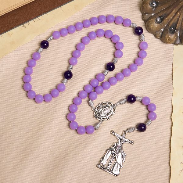 Lavender Matte Rosary Adorned with Crucifix Scene and Miraculous Medal