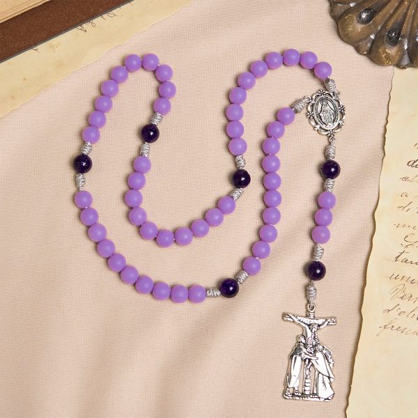 Lavender Matte Rosary Adorned with Crucifix Scene and Miraculous Medal