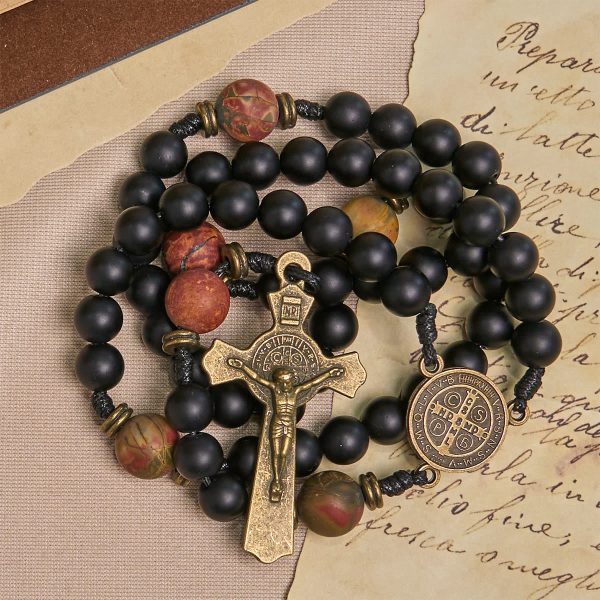 Handcrafted Matte Black and Earth-Tone Rosary Featuring St. Benedict