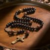 Handcrafted Matte Black and Earth-Tone Rosary Featuring St. Benedict