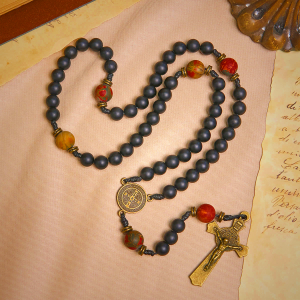 Handcrafted Matte Black and Earth-Tone Rosary Featuring St. Benedict