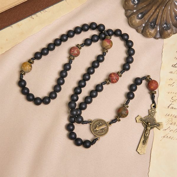Handcrafted Matte Black and Earth-Tone Rosary Featuring St. Benedict