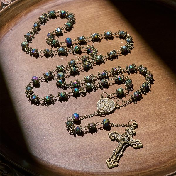 Faithful Hematite Rosary Featuring Bronze Crucifix and Saint Benedict Charm