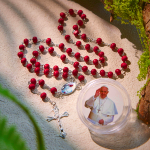 Divine Wooden Rosary in Red and White with Pope Francis Blessing Case