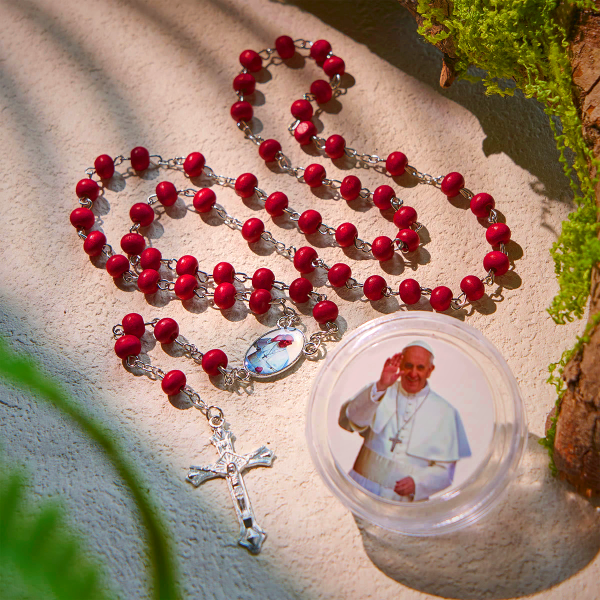 Divine Wooden Rosary in Red and White with Pope Francis Blessing Case