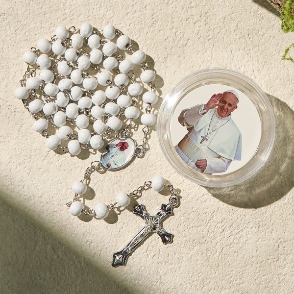Divine Wooden Rosary in Red and White with Pope Francis Blessing Case