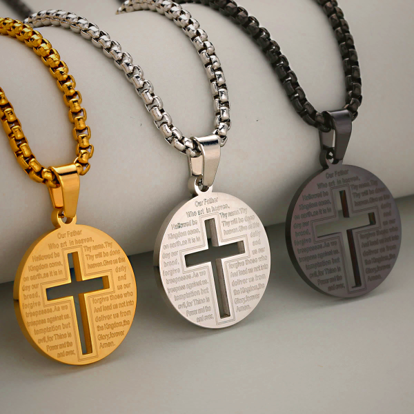 Hollow Cross Pendant Necklace with Inspirational Prayer - Gold, Silver, Black