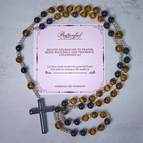PRAYERFUL FAITH: Handmade Natural Obsidian Tiger's Eye Rosary with Gift Card