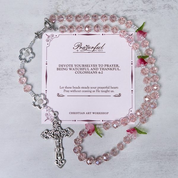 Christianartworkshop Jesus Is The Gift: Handmade Elegant Pink Crystal Rosary with 3D Rose Beads with Gift Card