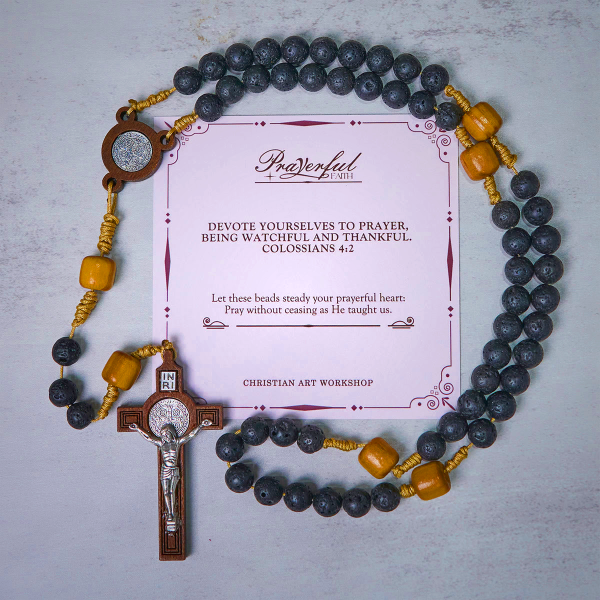 PRAYERFUL FAITH: Handmade Natural Durable Volcanic Stone Rosary with Gift Card