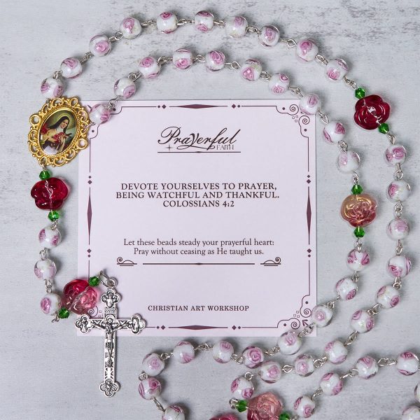 Christianartworkshop PRAYERFUL FAITH: Handmade Rose & Ivory Floral Elegance Rosary with Gift Card