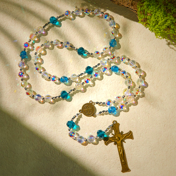 Elegant Clear Shining Beads Rosary with Bronze St. Benedict for Daily Prayer