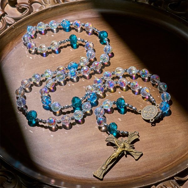 Elegant Clear Shining Beads Rosary with Bronze St. Benedict for Daily Prayer