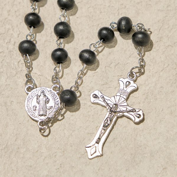 Black Wooden Prayer Rosary with Crucifix and Divine Mercy Religious Gift Box