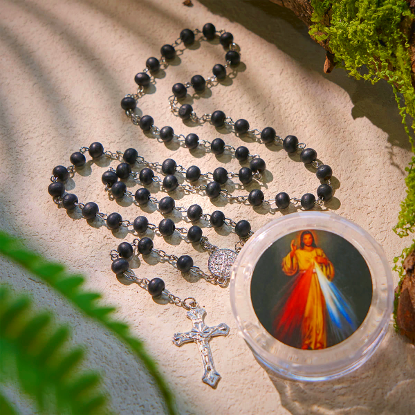 Black Wooden Prayer Rosary with Crucifix and Divine Mercy Religious Gift Box