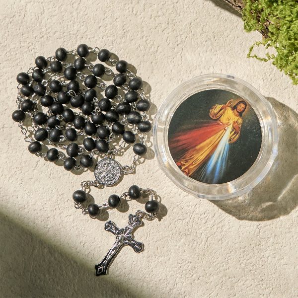 Black Wooden Prayer Rosary with Crucifix and Divine Mercy Religious Gift Box