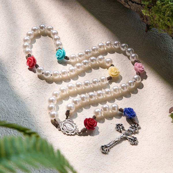 Elegant Pearl Rosary with Multicolor Rose Accents Reflecting Devotion and Faith