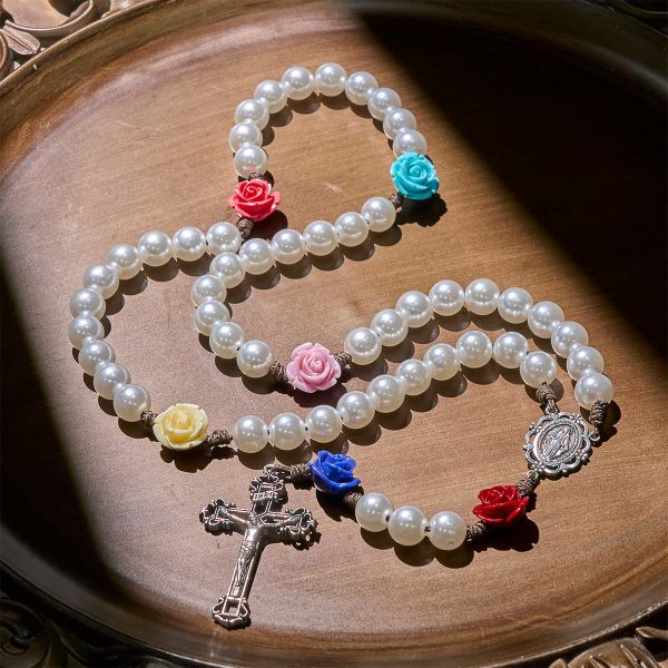 Elegant Pearl Rosary with Multicolor Rose Accents Reflecting Devotion and Faith