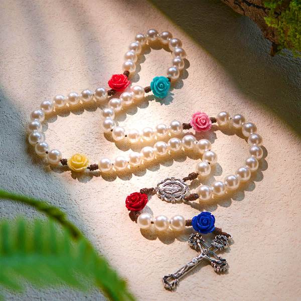 Elegant Pearl Rosary with Multicolor Rose Accents Reflecting Devotion and Faith