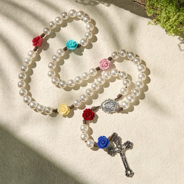 Elegant Pearl Rosary with Multicolor Rose Accents Reflecting Devotion and Faith