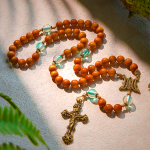 Classic Thuja Brown Wooden Rosary with Bright Green Beads & Our Lady