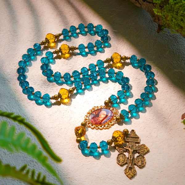 Shining Blue and Amber Rosary with Our Lady Medal and Antique Pardon Crucifix
