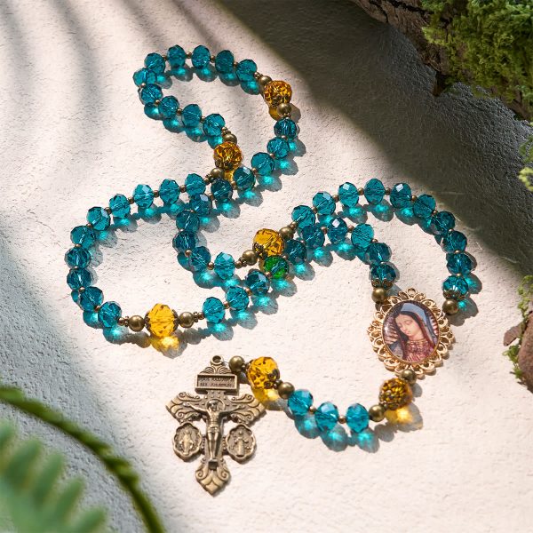 Shining Blue and Amber Rosary with Our Lady Medal and Antique Pardon Crucifix