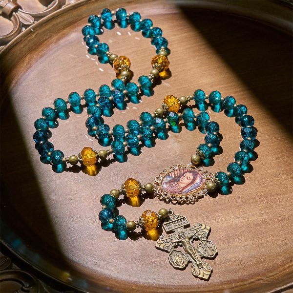 Shining Blue and Amber Rosary with Our Lady Medal and Antique Pardon Crucifix