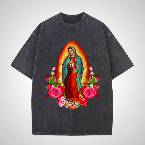 Vintage Our Lady of Guadalupe Floral Faith Unisex Washed T-Shirt