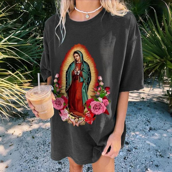 Christianartworkshop Vintage Our Lady of Guadalupe Floral Faith Unisex Washed T-Shirt