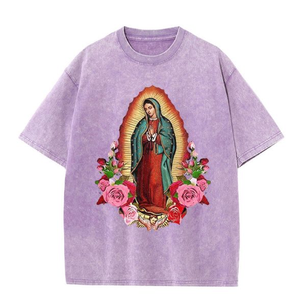 Christianartworkshop Vintage Our Lady of Guadalupe Floral Faith Unisex Washed T-Shirt