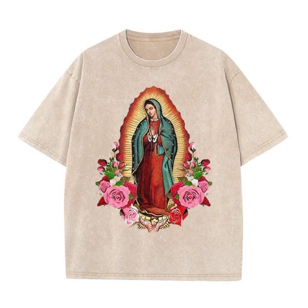 Christianartworkshop Vintage Our Lady of Guadalupe Floral Faith Unisex Washed T-Shirt
