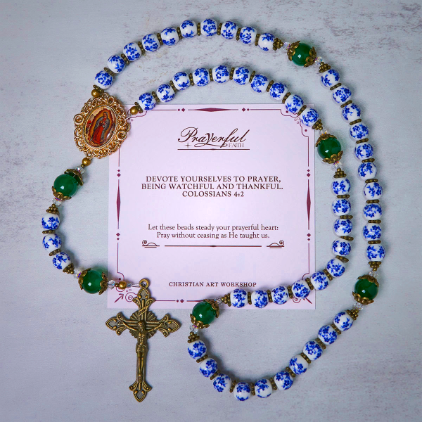 PRAYERFUL FAITH: Handmade Floral Rosary of 8mm Ceramics & Jade