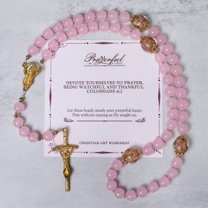 Christianartworkshop PRAYERFUL FAITH: Handmade Pink Chalcedony & Porcelain Golden Sand Beads Rosary