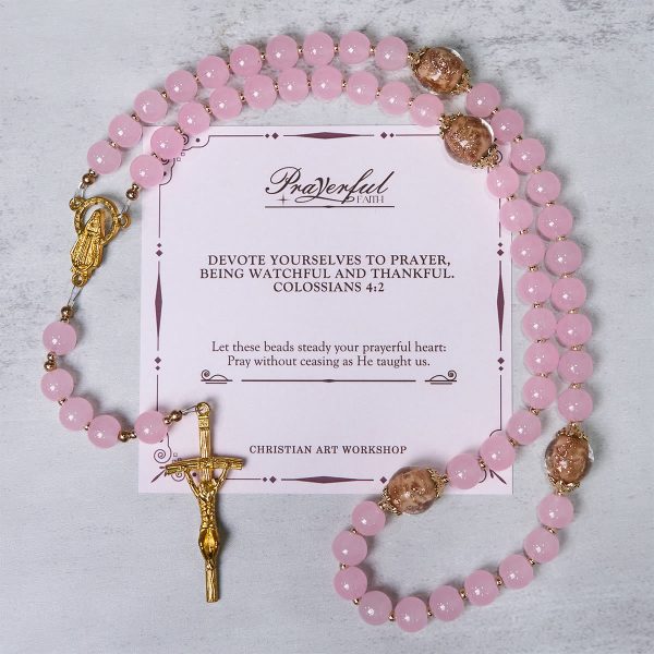 Christianartworkshop PRAYERFUL FAITH: Handmade Pink Chalcedony & Porcelain Golden Sand Beads Rosary