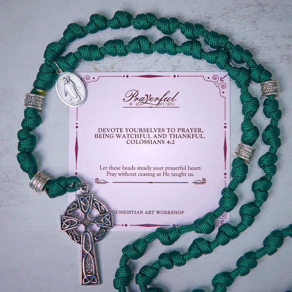 PRAYERFUL FAITH: St. Patrick Medal Dark Green Handmade Paracord Knotted Rosary