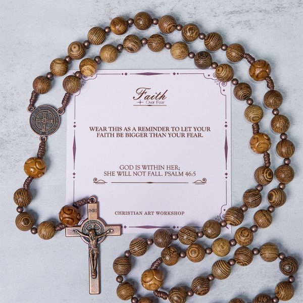 Christianartworkshop PRAYERFUL FAITH: Divine Olive Wood Rosary with St. Benedict Medal & Crucifix