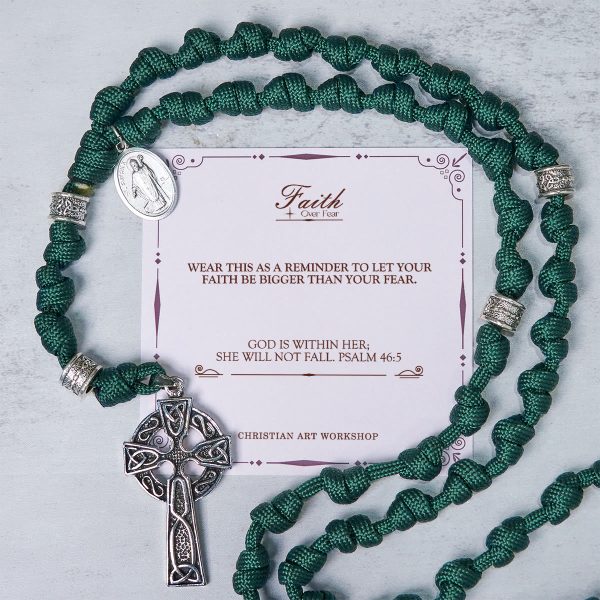 Christianartworkshop PRAYERFUL FAITH: St. Patrick Medal Dark Green Handmade Paracord Knotted Rosary