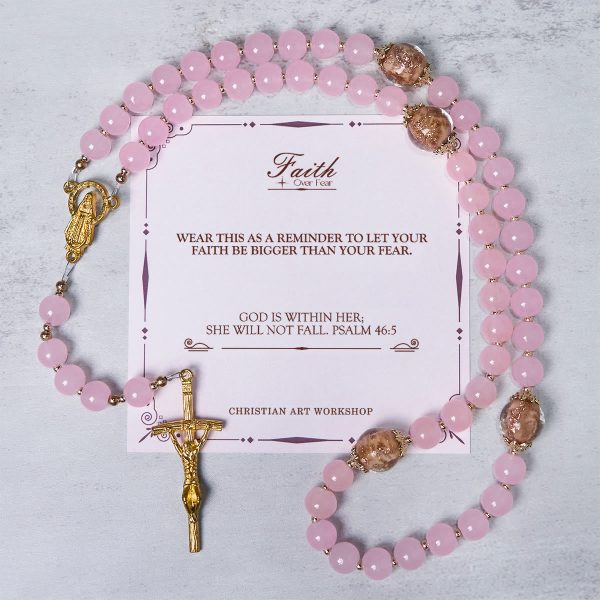 Christianartworkshop PRAYERFUL FAITH: Handmade Pink Chalcedony & Porcelain Golden Sand Beads Rosary