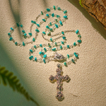Unique Turquoise Fragment Rosary with Holy Mary & Ornate Crucifix