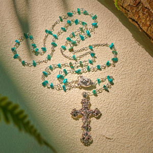 Unique Turquoise Fragment Rosary with Holy Mary & Ornate Crucifix