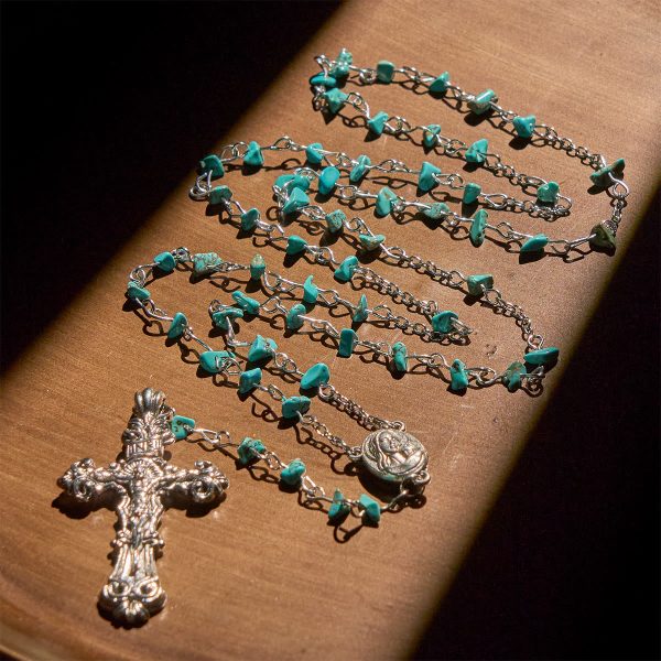 Unique Turquoise Fragment Rosary with Holy Mary & Ornate Crucifix