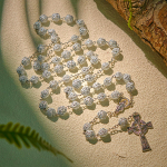 Delicate White Rose Devotional Beads Rosary and Bracelets with Virgin Mary