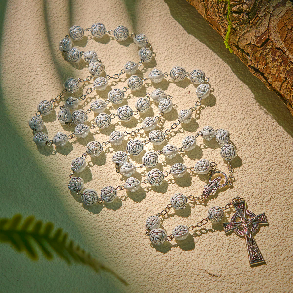 Delicate White Rose Devotional Beads Rosary and Bracelets with Virgin Mary