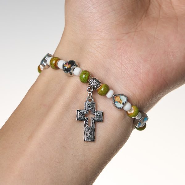 Christianartworkshop Colorful Glass & Ceramic Bead Bracelets with Cross and Saints Heart Charms